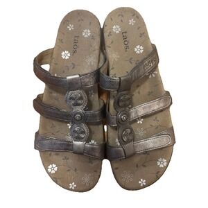 Taos Womens Sandals Adjustable Silver Slip Ons With Pewter Buttons  Size 12‎ NEW